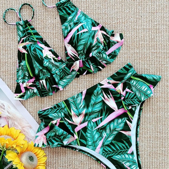 Ruffle High Waist Bikini Black Palm Leaf Print M/L - Picture 5 of 6